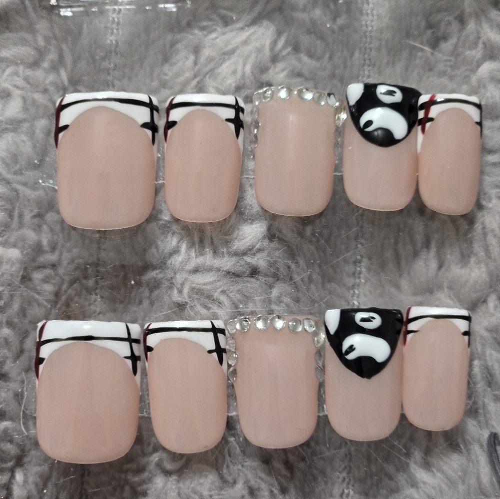 Nude Press-On Nail Set with Black & White Accent and Rhinestones